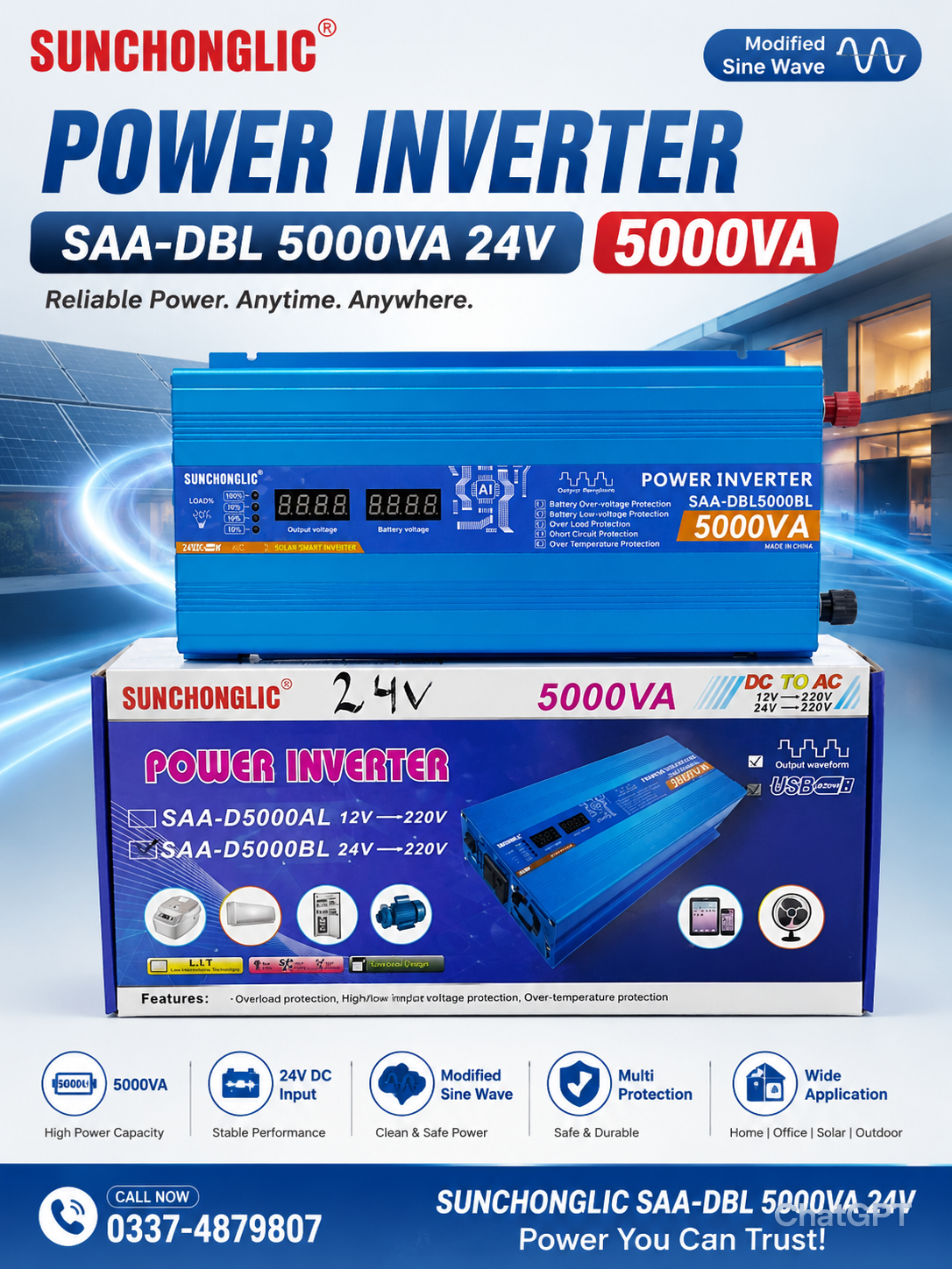 Sunchonglic 5000VA Power Inverter DC to AC 24V 220V Heavy Duty Backup Solution