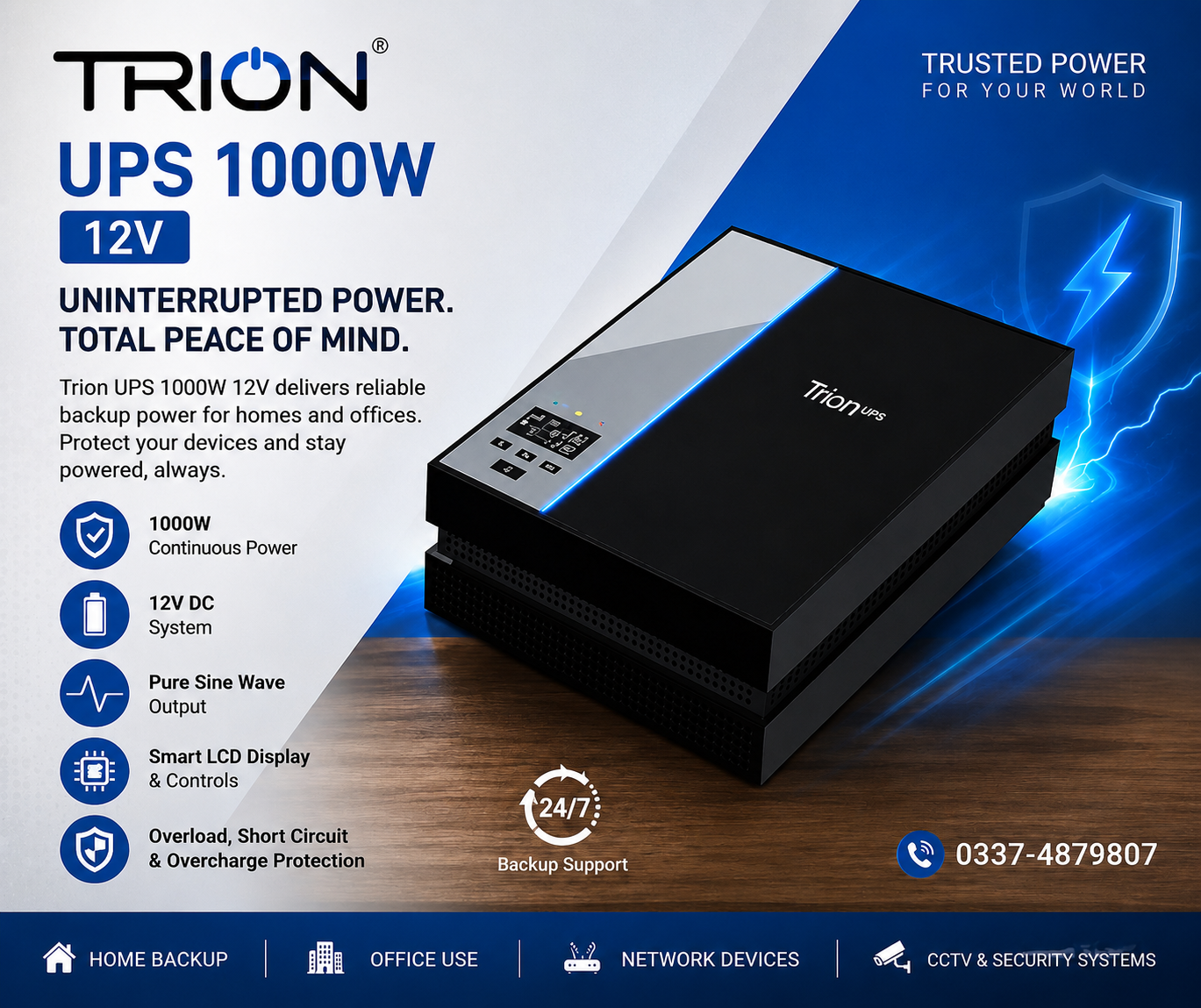 TRION UPS 1000W 12V – Pure Sine Wave UPS | Reliable Power Backup