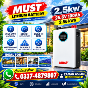 MUST 2.56kWh Lithium LiFePO4 Battery – 25.6V 100Ah with Built-in BMS