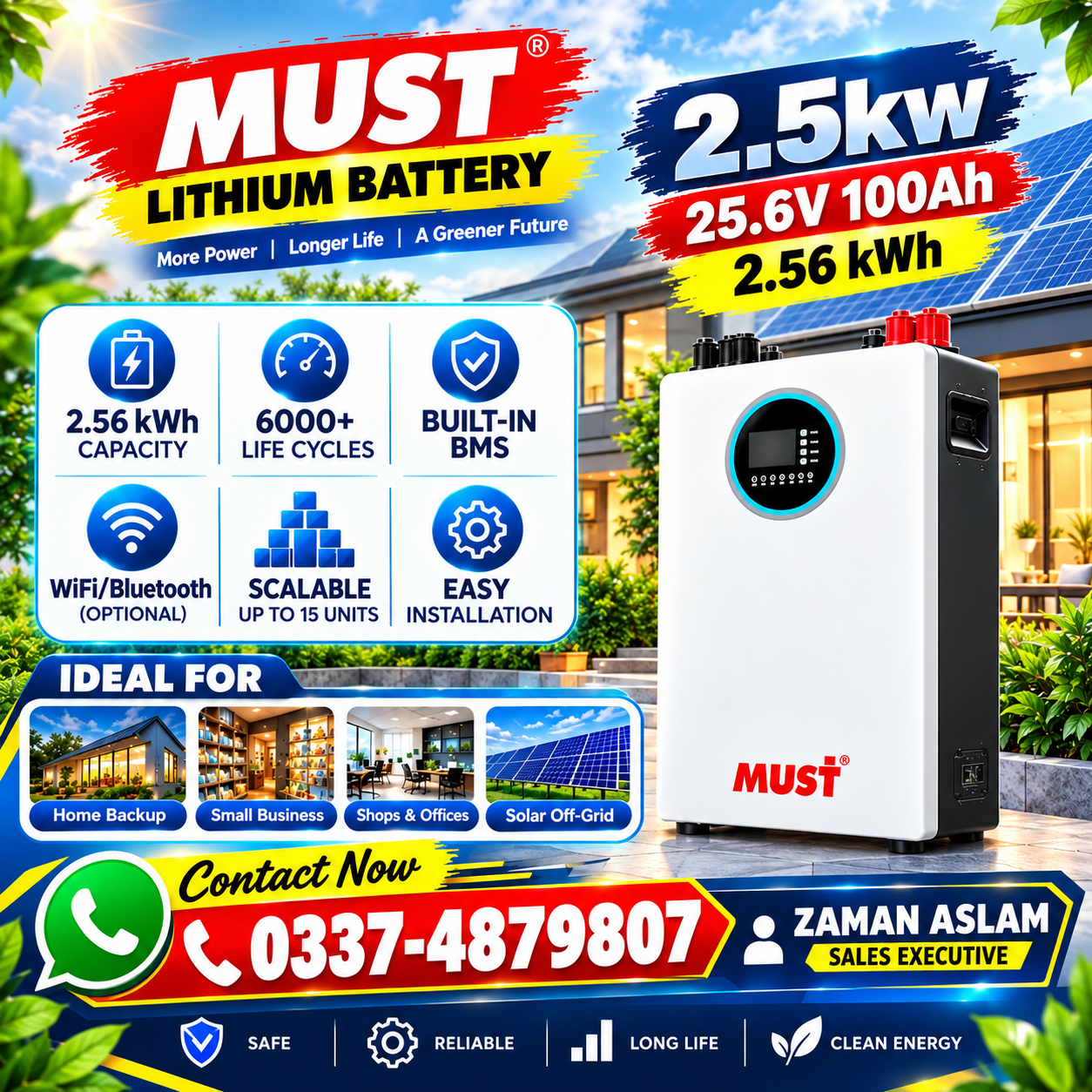 MUST 2.56kWh Lithium LiFePO4 Battery – 25.6V 100Ah with Built-in BMS